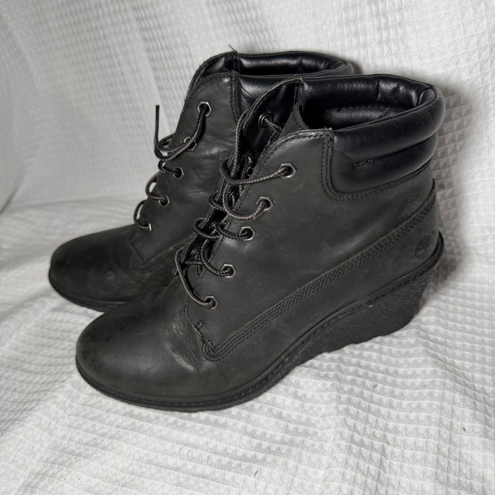 Timberland Amston 6-Inch Wedge Boots Black Leather Lace Up Ankle 8253A Womens 7